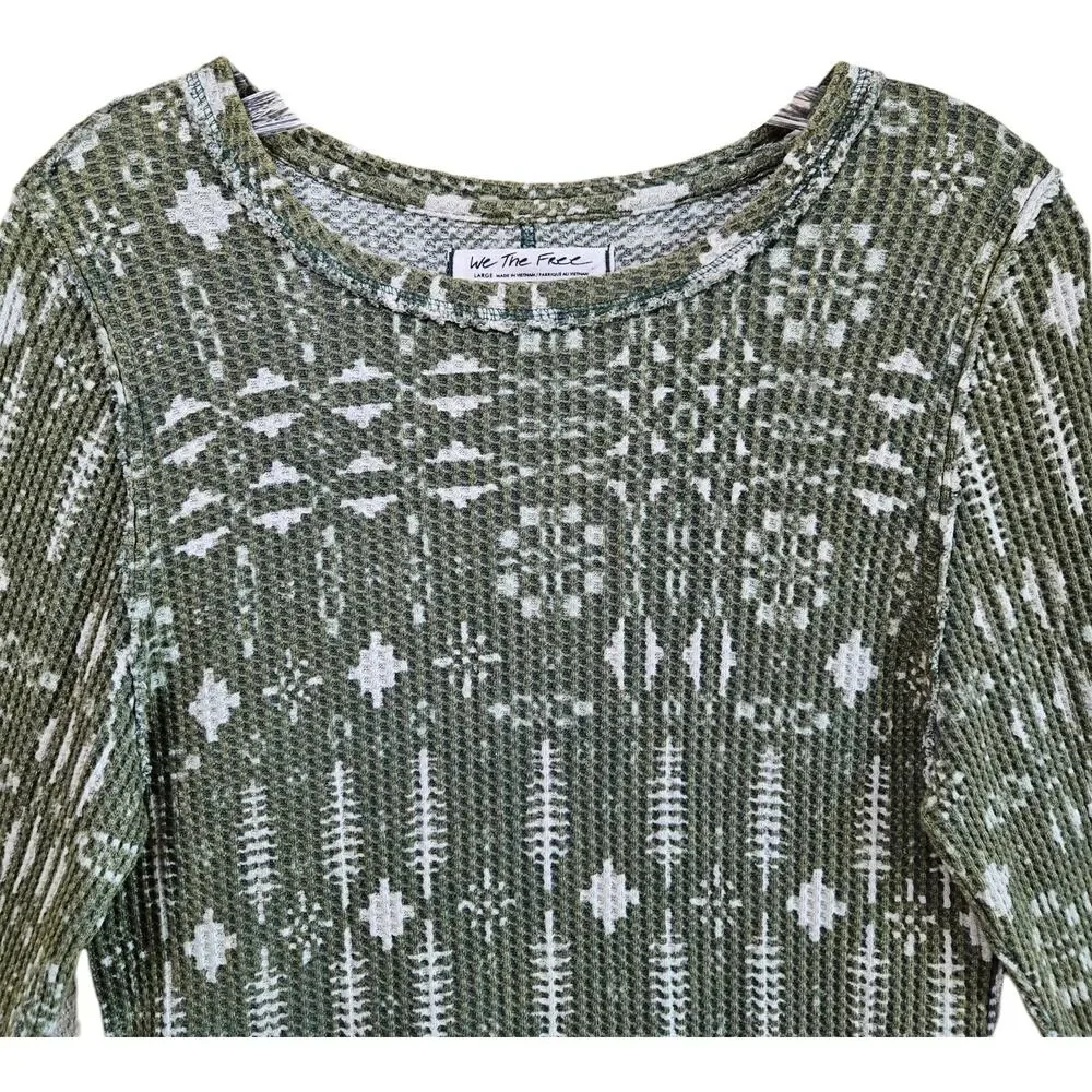 FREE PEOPLE We The Free Size L Pretty Little Thermal Top Green Boho Cotton 38